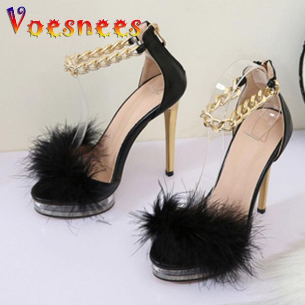 

sandals summer fur feather high heels women 13cm ankle gold chain cover heel zipper party transparent platform stiletto shoes, Black