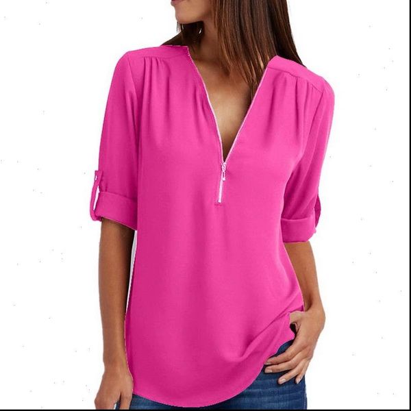 

2021 autumn plus size women long sleeve loose shirt chiffon blouse casual ladies v neck zipper irregular blouses, White