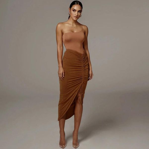 

skirts 2021 neon orange midi skirt women bodycon pleated drawstring irregular lace up femme robes fashion streetwear, Black