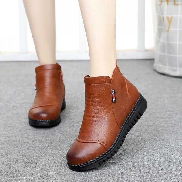 

boots brown women leather shoe high flat ankle soft-sole mom autumn/winter mulheres botas, Black