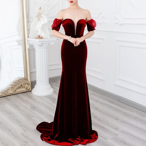 

toast bride 2021 summer red temperament slim fishtail wedding banquet evening dr, Black;gray