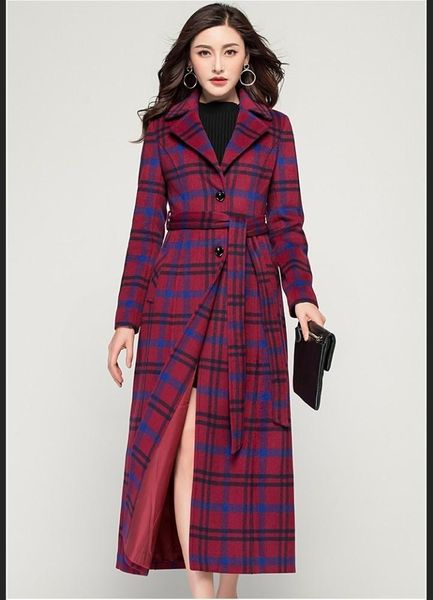 

women's wool & blends casaco feminino women plus size autumn winter cassic lattice maxi long coat female robe outerwear manteau femme c, Black