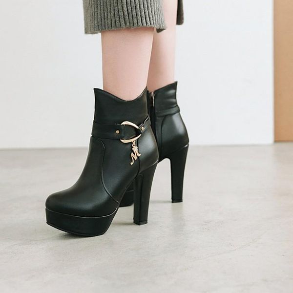 

boots big size side zipper metal decorative with round heel and high waterproof platform, Black