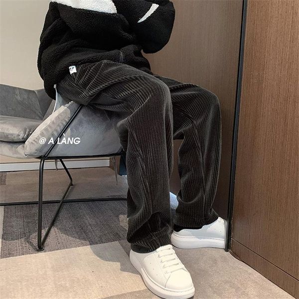 

men's pants corduroy winter thick wide-leg retro elastic waist loose straight casual trousers for man, Black