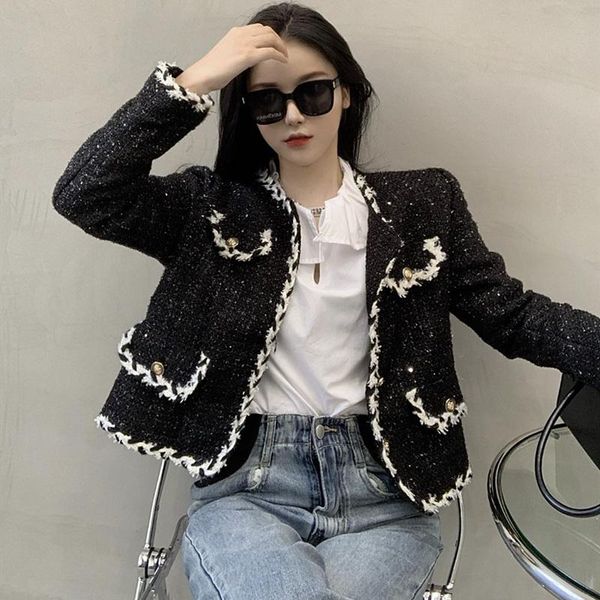 

high street fashion women's single-breasted tweed jacket 2021 autumn clothes long sleeve slim short coat outwear femme, Black;brown
