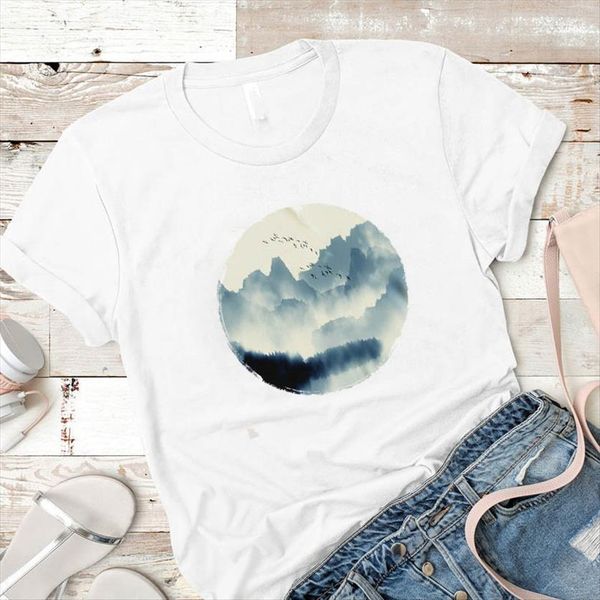

beatiful painting print short sleeve womens t shirts loose tee clothes graphic, White