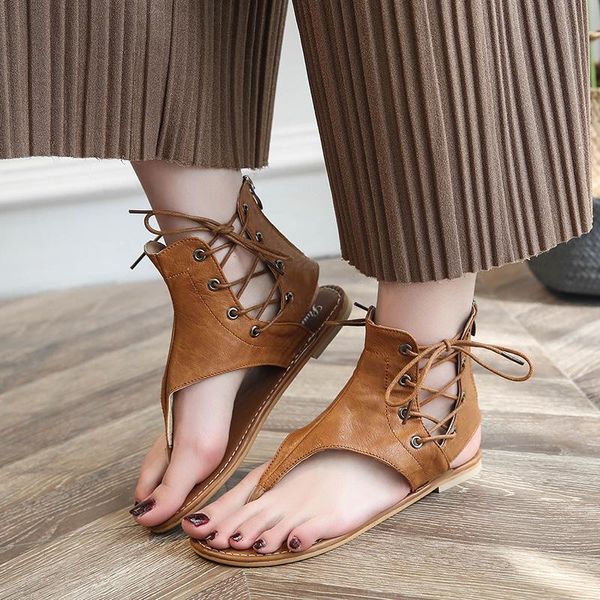 

sandals fashion soft leather women comfortable flip flops summer women's shoes rome casual girls flats big size, Black