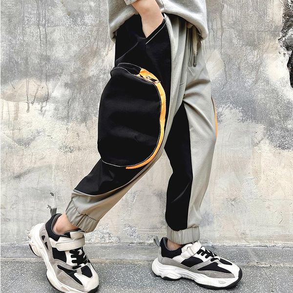 

trousers spring autumn boys' casual pants hip hop splice big pockets cargo quality ankle-tied harem children's clothes, Blue