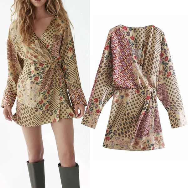 

New Printed 2021 Playsuit Mini Women Vintage Long Sleeve Crossover V-neck Wrap Dress Woman Elastic Waist Casual Dresses Ull9 VKQ3, Black;gray