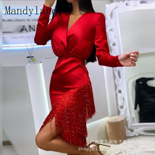 

ethnic clothing mandylandy women's slim dress spring and autumn fashion long sleeve solid color v-neck tassel irregular, Red