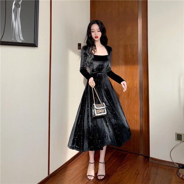 

casual dresses real s 2021 fashion ladies party gold velvet black big dress, Black;gray