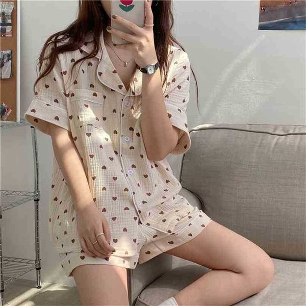 

summer short all match pajamas sweet nightwear printing chic casual homewear loose cotton two piece suit sets 210525, Black;red