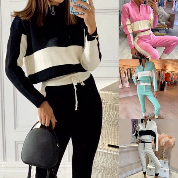 

2021 women 2 piece outfit stitching color long sleeve pullover sweatshirt side striped sport pant jogger set female tracksuit, Black;white