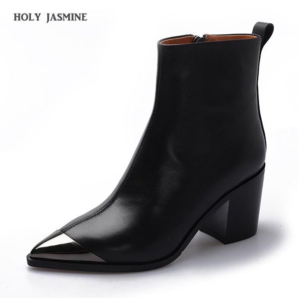 

boots 2021 fashion natural genuine leather women metal pointed toe ladies ankle for square heels autumn/winter shoes, Black