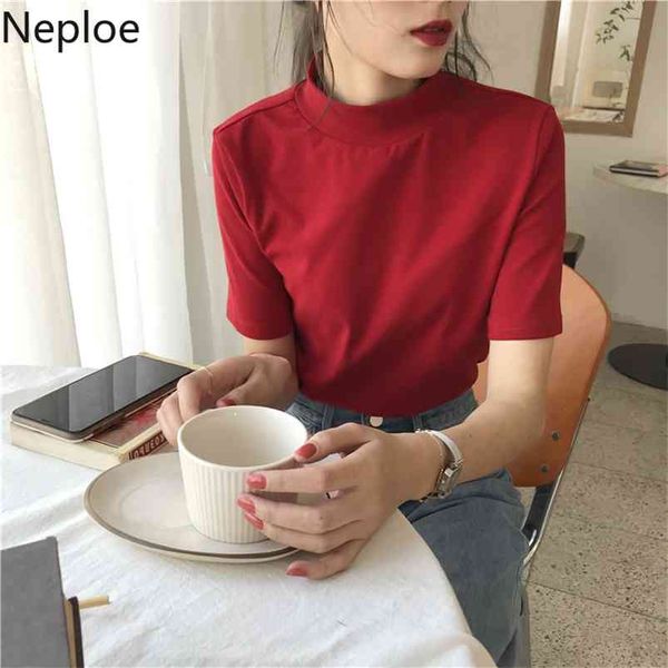 Neploe T Shirt Chegada de Verão Sólida Turtleneck Manga Curta Feminina Tops Solto Casual Algodão Ladies Tees 1A993 210623