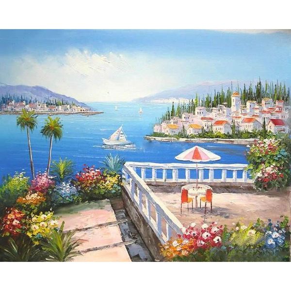 

paintings landscape painting by number seaside city oil picture diy craft kits for adults frame on canvas handmade color drawing