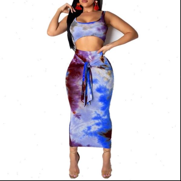 

tie dye dress women set cami midi skirt women bandage sleeveless skirts party cocktail clubwear women sets, Gray