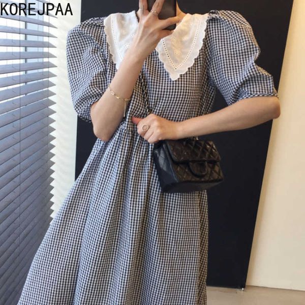 Korejpaa Abito Donna Coreano Chic Estate Francese Retro Collare Bambino Contrasto Plaid Vita Alta Manica Bolla Allentata Vestido 210526