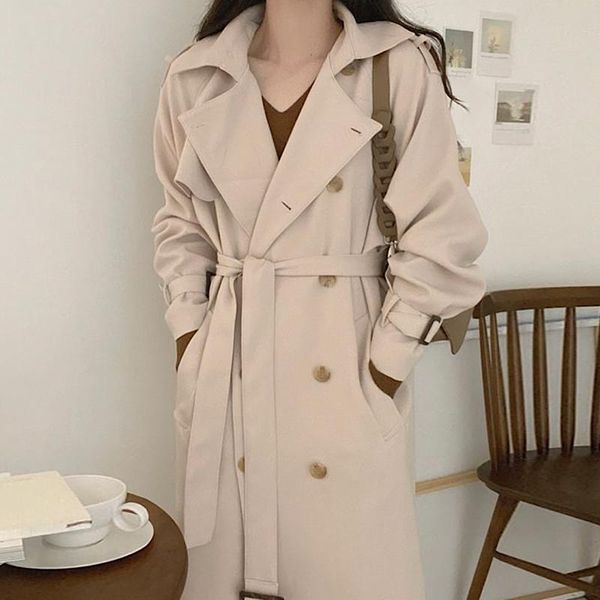 

women's trench coats [ewq] korea chic pink coat autumn 2021 laple loose lace up waist double breasted long sleeve windbreaker, Tan;black