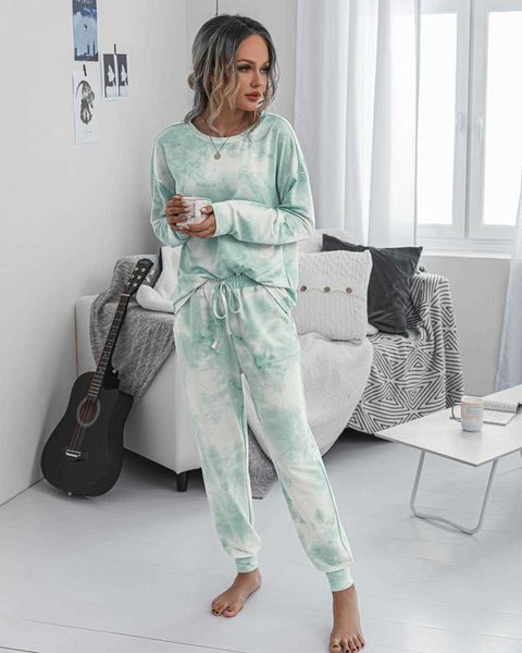 

women's leggings leggings casual tie-dye printed 2 pieces set o-neck sleeve pockets long pants fashion autumn women sleepwear basic tre, Black