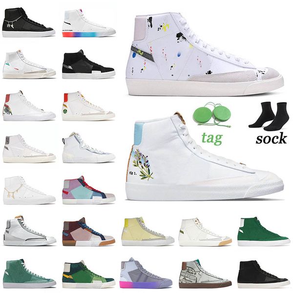 

classic men blazer mid 77 vintage running shoes bicycle yellow pregame pack motivation paint splatter grey tones moaic black grey women high