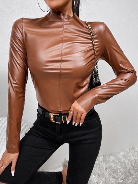 

mock neck pu leather d44m#, White