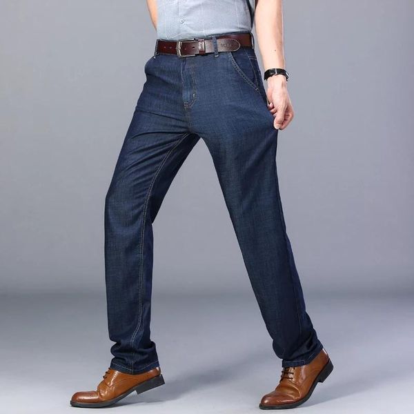 

men's jeans summer thin tencel business casual elastic comfort straight denim man pants men trousers black high quality, Blue