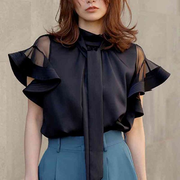 

women's polos stand collar gauze patchwork butterfly sleeve solid blouses japanese temperament shirts 2022 summer women blusas p3vf, White