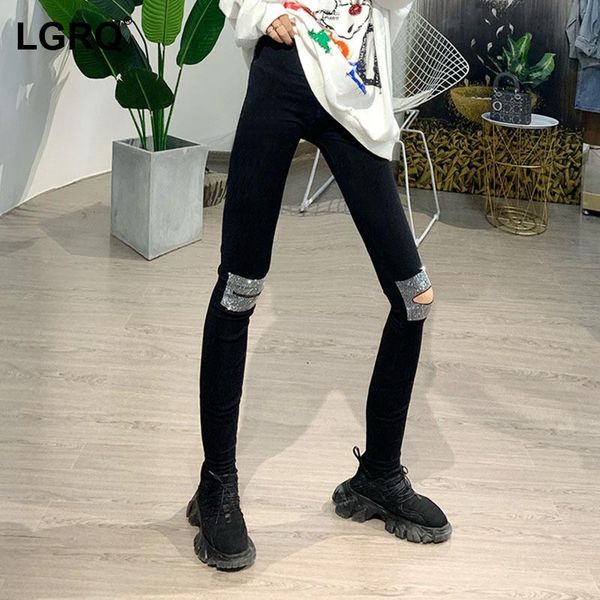 

women's pants & capris [lgrq] high elastic waist black drilling pencil skinny trousers fit women fashion tide spring autumn 2021 19d213, Black;white