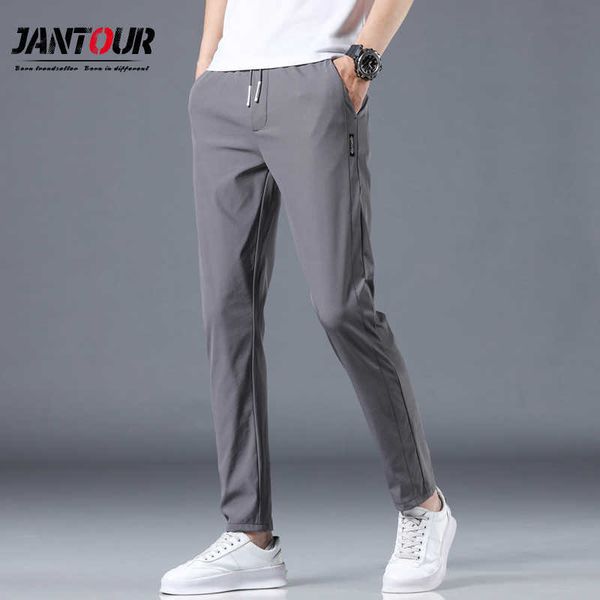 

summer pants mens skinny stretch korean casual slacks slim fit chino elastic waist jogger dress trousers male thin 210707, Black