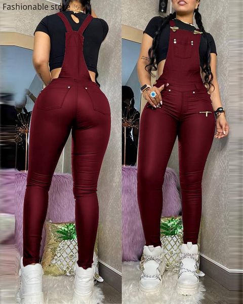 

women pu buckled zipper design suspender jumpsuit thick strap pocket pu pockets romper outfits, Black;white