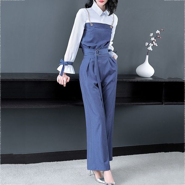 

2021 new spring autumn women two piece set outfits ensemble femme patchwork blouse and wide leg pant suits female slim tracksuit 83o7s8, Gray