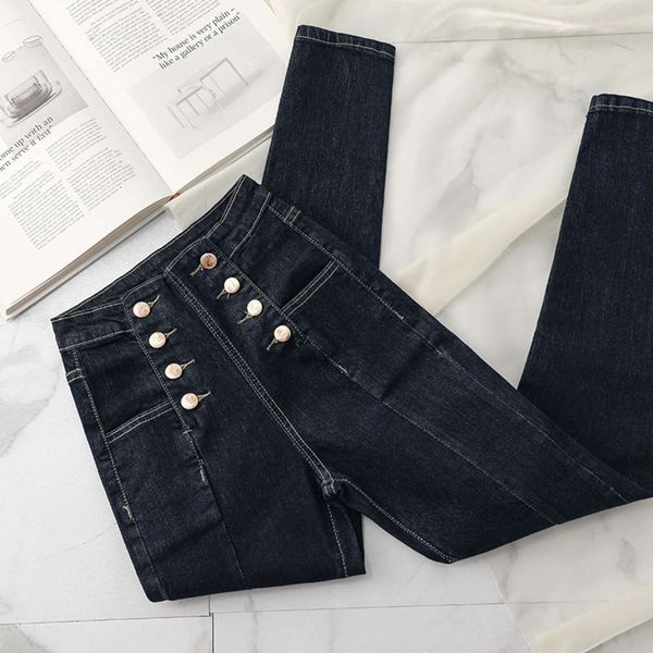 

wash temperament pants blue high waist double breasted women