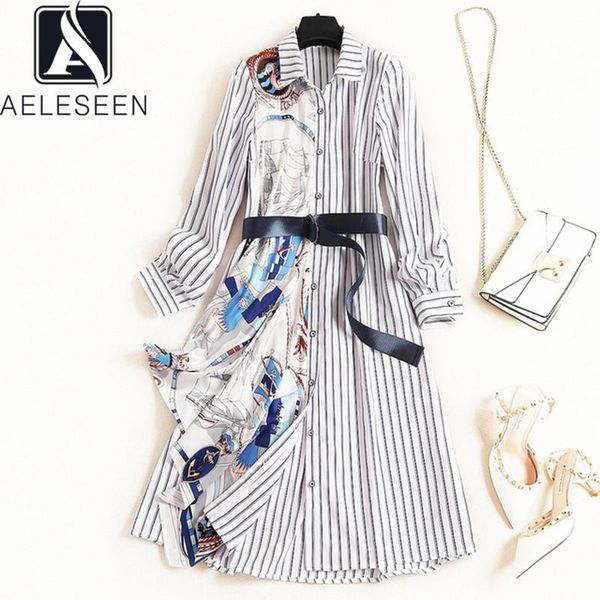

casual dresses aeleseen office ladies striped women dress runway fashion patchwork flower print sashes elegant party holiday working, Black;gray