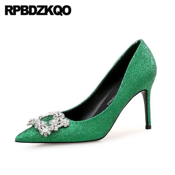 Kleidschuhe Scarpin Kristall Diamant Grün Frauen Glitzer Strass Pumps Dünne Große Größe Funkelnde Prom High Heels Spitzschuh