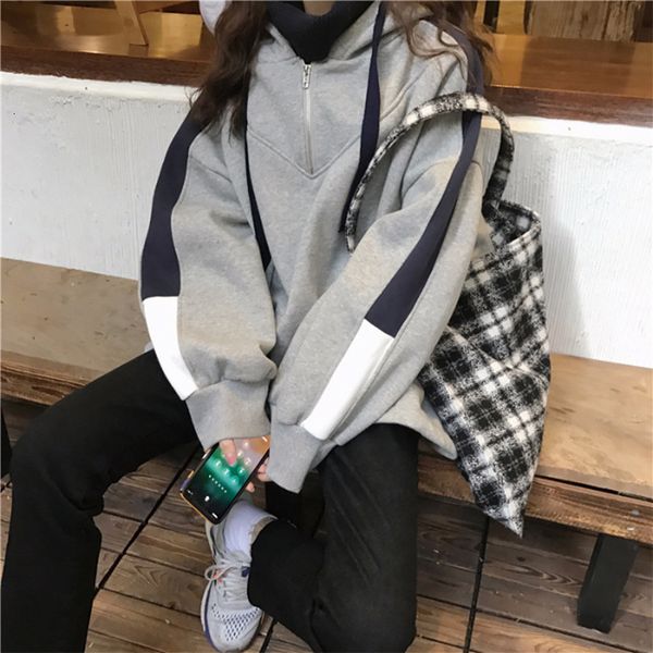 

new 2021 autumn winter fashion fake two turtleneck hoodie casual patchwork long sleeve sweatshirt women 45m9, Black
