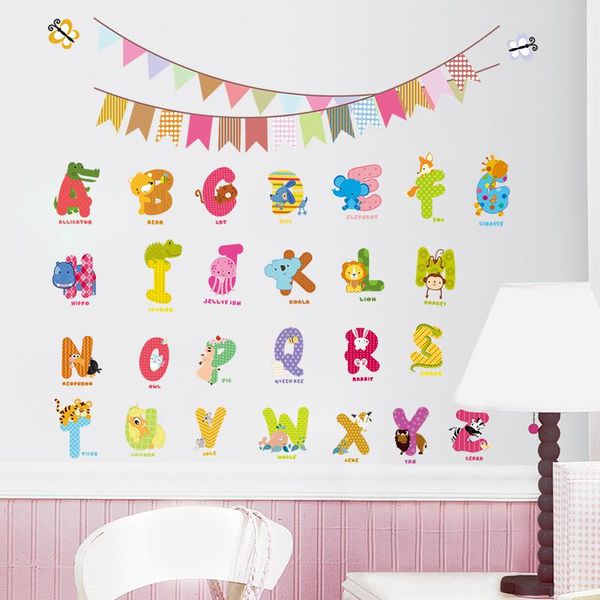 Duvar Çıkartmaları Sevimli Hayvan Karakterleri Harfler Sticker Bayrak Kreş Çocuk Odası Doğum Günü Dekorasyon İngilizce Çıkartmaları Alfabe Logosu
