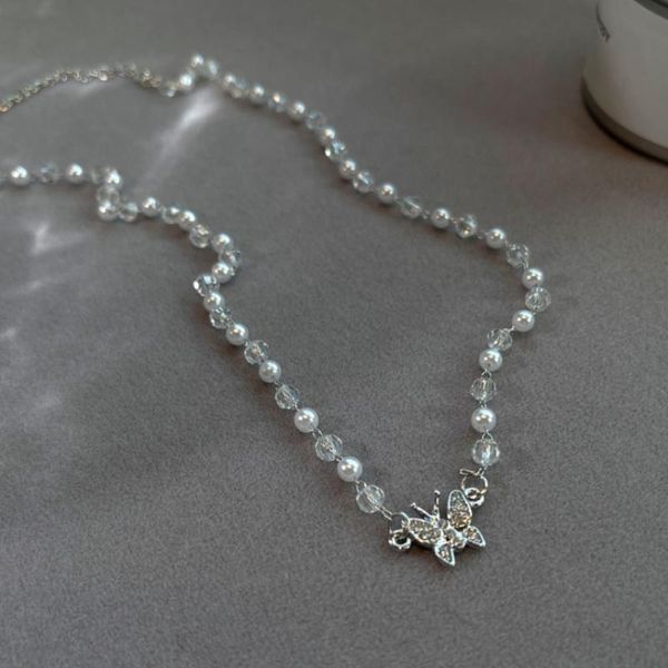 

pendant necklaces baroque simple pearl beads chain choker necklace butterfly for women fashion jewelry gifts, Silver
