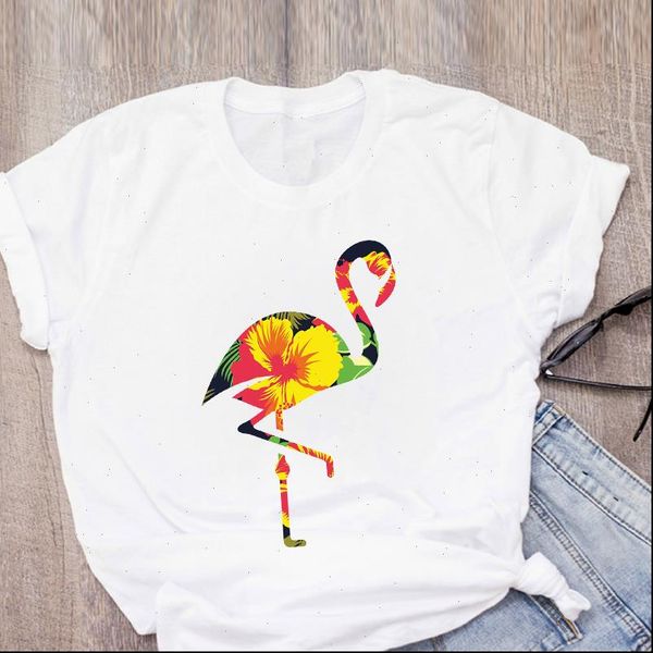 

women graphic cartoon flamingo floral beach printing summer t shirt lady clothes womens clothing tee female t shirt, White