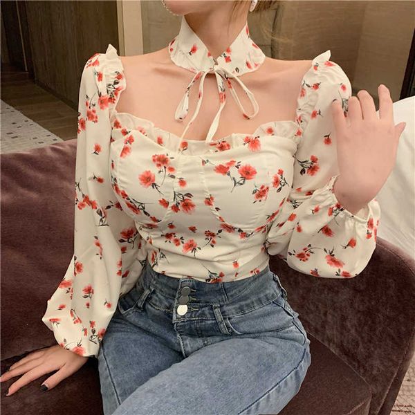 

womengaga spring korean mature women floral print lantern sleeve short slim shirt blouse sweet girl female a7t 210603, White