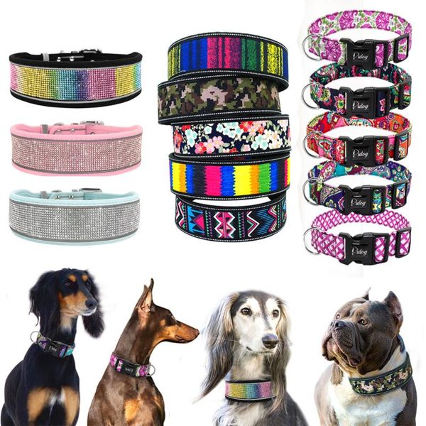 

dog collars & leashes wide size collar for large dogs reflective pet soft padded pitbull german shepherd with bling rhinestone s m l