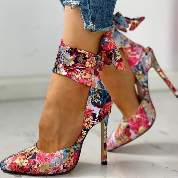 

dress shoes women high heels floral print casual thin tie ankle pumps stiletto summer chaussure femme for 2021, Black