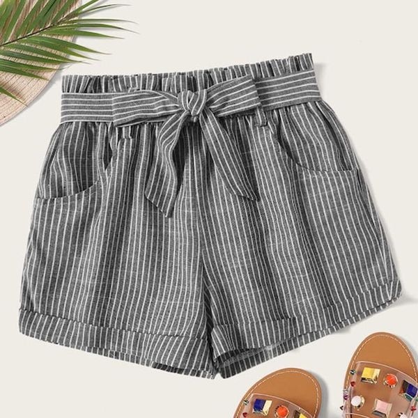 

summer casual loose shorts women beach stripe pockets bandage elastic high waist shorts female holiday vocation short #25, White;black