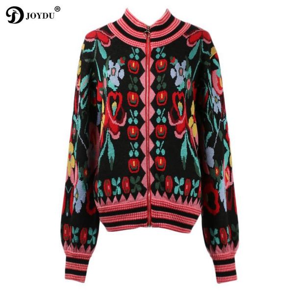 

women's sweaters joydu 2021 vintage zipper cardigan sweater women lantern sleeve flower jacquard stand collar streetwear jumper knitted, White;black