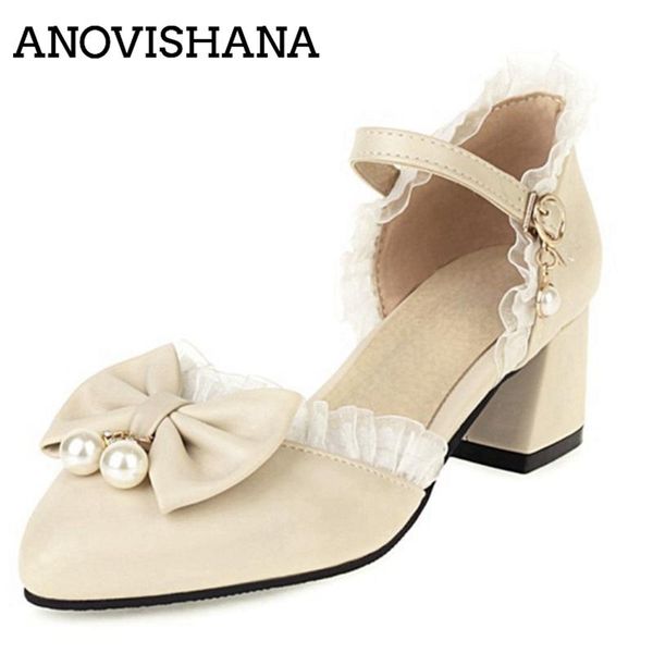

dress shoes anovishana 2021 ladies pumps pointed toe 5cm cone heels buckle lace bowtie pearl sweet cute cosplay big size 48 casual s2130, Black