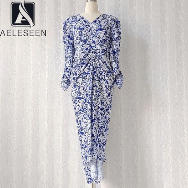 

casual dresses aeleseen runway fashion v-neck 3/4 sleeve porcelian blue flower print drap long holiday irregular dress for women, Black;gray