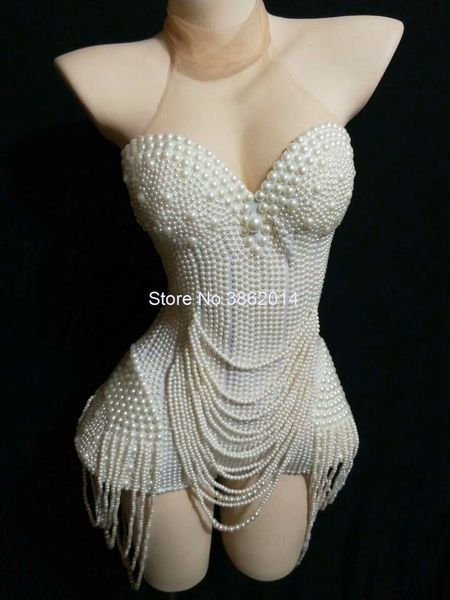 

white pearls beading bodysuit jazz dance costume evening stage nightclub bar show wear prom birthday outfit women singer clothes, Black;red