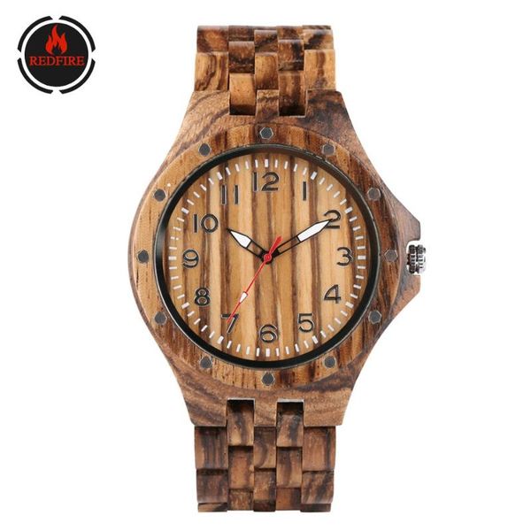 Наручные часы Redfire Cool Mens Wood Watch Арабские цифры Дисплей Полный Деревянный Мужской Панк Металлический Дизайн Кварцевые Часовые часы