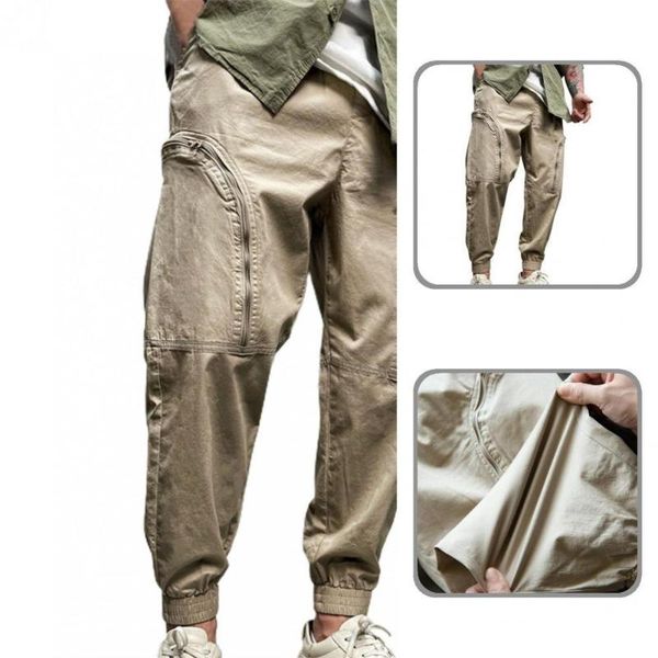 

men's pants long cool casual cargo elastic waist pockets for autumn, Black