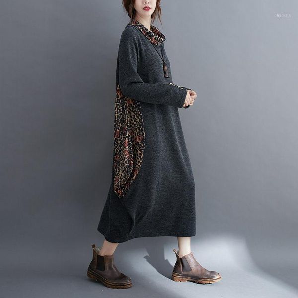 

retro long sleeve casual loose tunic dress autumn winter plus size women's korean leopard print stitching mid-length robe y619 dresses, Black;gray
